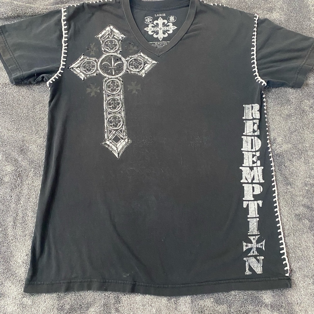 Y2K‎ Raw State Redemption Winged Gothic Cross T-Shirt Black Thick Stitch Size L